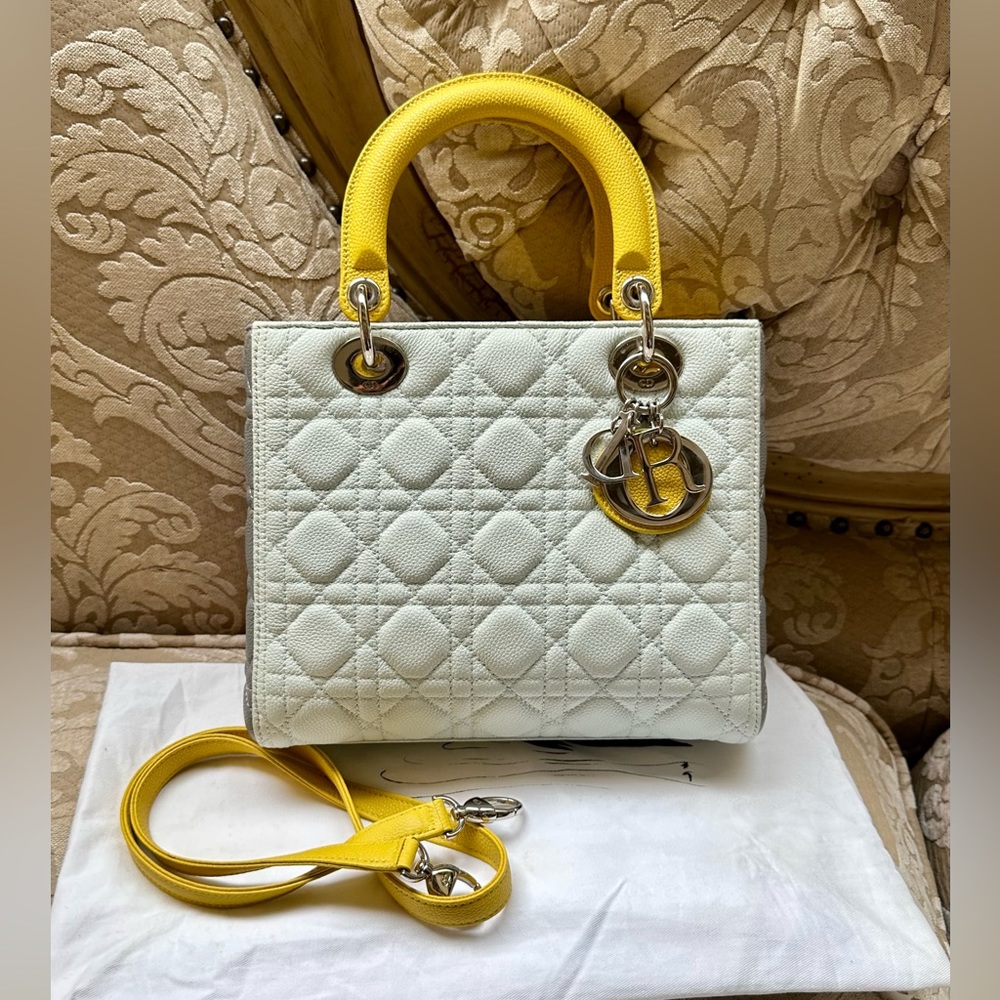 Christian Dior Lady Dior Medium Caviar Calfskin Yellow/Baby Blue/Grey NWOT RARE